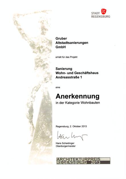 Architekturpreis Regensburg 2013 Gruber Altstadtsanierungen